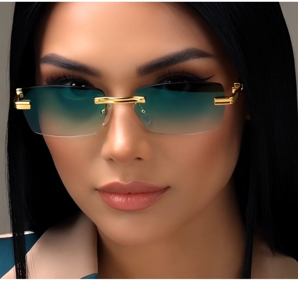 Rimless Sunglasses Rectangle Gold Frame Women Gradient Green Lens Fashion Shades